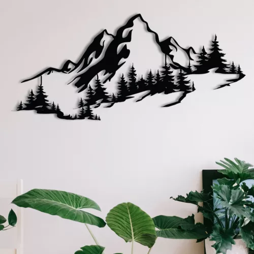 Decorațiune murală metalică, panoramă alpine, negru, 67 x 30 cm