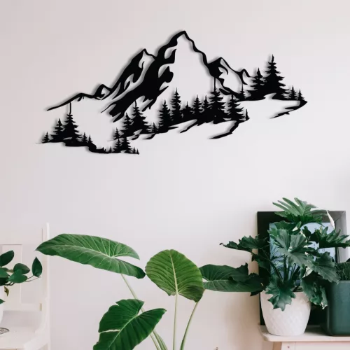 Decorațiune murală metalică, panoramă alpine, negru, 67 x 30 cm