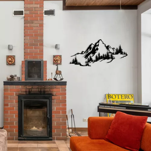 Decorațiune murală metalică, panoramă alpine, negru, 67 x 30 cm