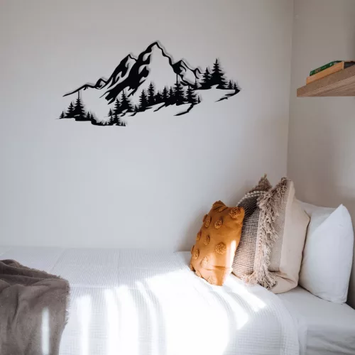 Decorațiune murală metalică, panoramă alpine, negru, 67 x 30 cm