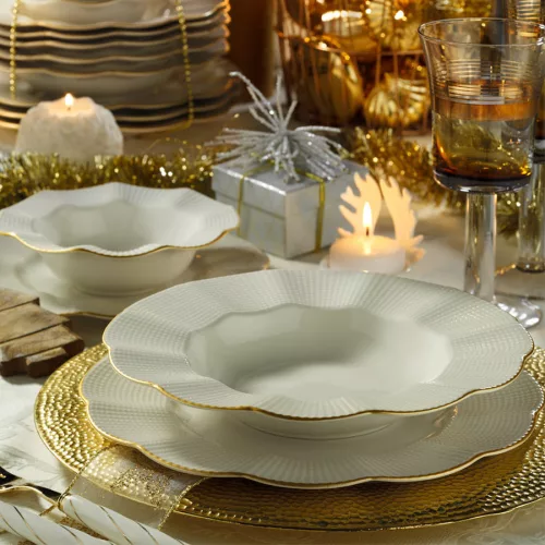 Set de farfurii, porțelan, crem-auriu, 24 piese
