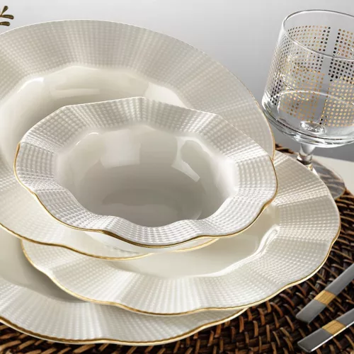 Set de farfurii, porțelan, crem-auriu, 24 piese