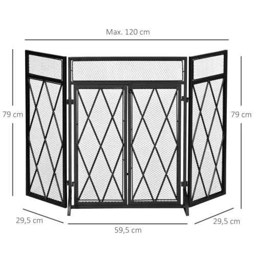 Protecție pentru șemineu, pliabilă, 3 piese, neagră 120 cm x 79 cm,