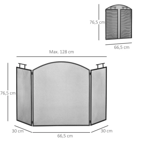 Protecție pentru șemineu, pliabilă, design din trei părți, metalică, neagră, 128 x 2 x 76,5 cm
