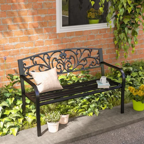 outsunny-banca-de-gradina-pentru-2-persoane-banca-metalica-neagra-cu-model-floral