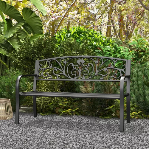 outsunny-banca-de-gradina-pentru-2-persoane-banca-metalica-neagra-cu-model-floral