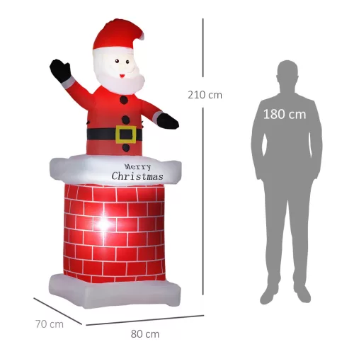 Moș Crăciun gonflabil cu coș de fum, iluminare LED, ventilator încorporat, 80 x 70 x 210 cm