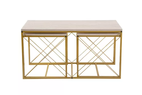 Set măsuță de cafea din 3 piese, travertin, auriu, stil modern