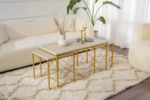 Set măsuță de cafea din 3 piese, travertin, auriu, stil modern