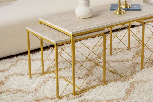 Set măsuță de cafea din 3 piese, travertin, auriu, stil modern