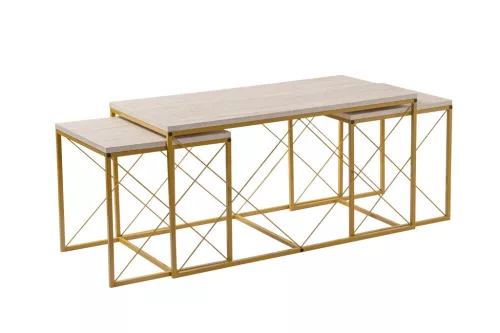 Set măsuță de cafea din 3 piese, travertin, auriu, stil modern