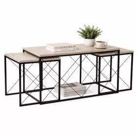   Măsuță de cafea set, 3 piese, travertin, negru, stil modern, 100x50x52 cm
