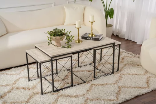 Măsuță de cafea set, 3 piese, travertin, negru, stil modern, 100x50x52 cm