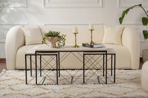 Măsuță de cafea set, 3 piese, travertin, negru, stil modern, 100x50x52 cm