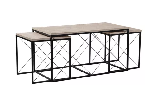 Măsuță de cafea set, 3 piese, travertin, negru, stil modern, 100x50x52 cm