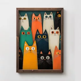   Pictură decorativă MDF, cu ramă, pisici colorate, 35 x 2 x 47 cm