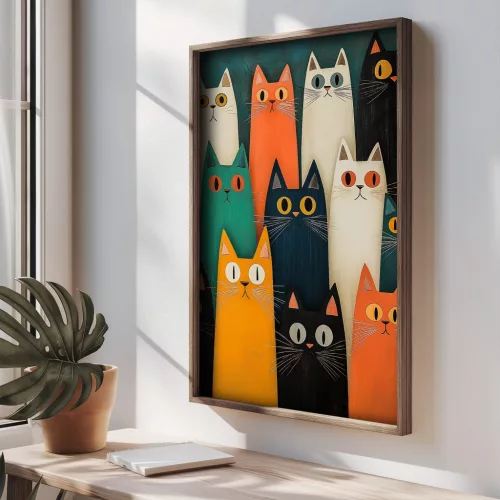 Pictură decorativă MDF, cu ramă, pisici colorate, 35 x 2 x 47 cm