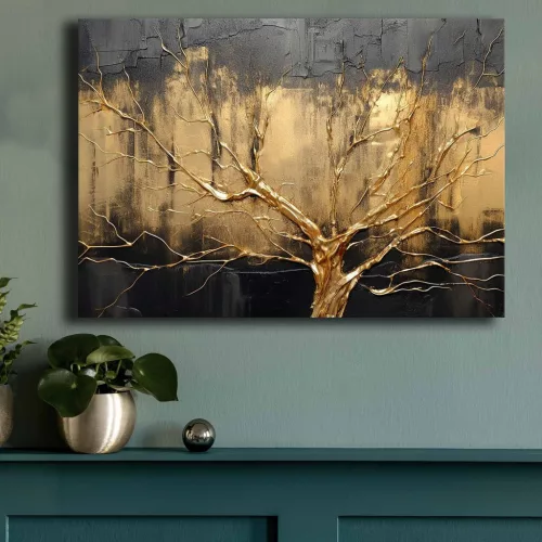Pictură decorativă pe pânză, stil modern, neagră, aurie, 70 x 100 cm