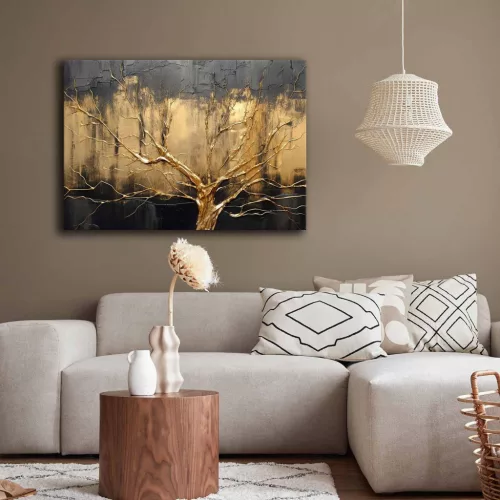 Pictură decorativă pe pânză, stil modern, neagră, aurie, 70 x 100 cm
