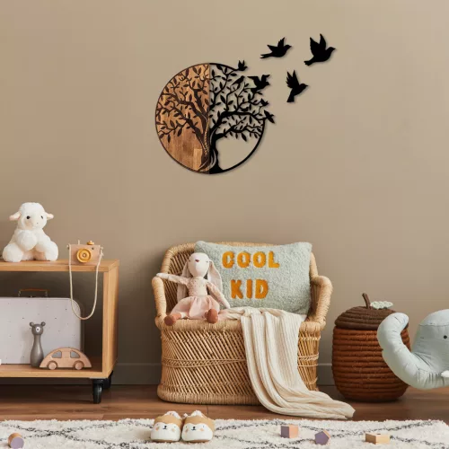 Accesoriu decorativ din lemn, negru, copaci și păsări, 92 x 71 cm