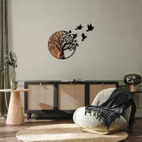 Accesoriu decorativ din lemn, negru, copaci și păsări, 92 x 71 cm