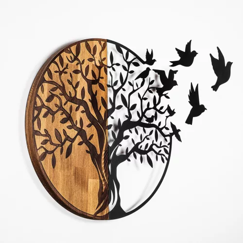 Accesoriu decorativ din lemn, negru, copaci și păsări, 92 x 71 cm