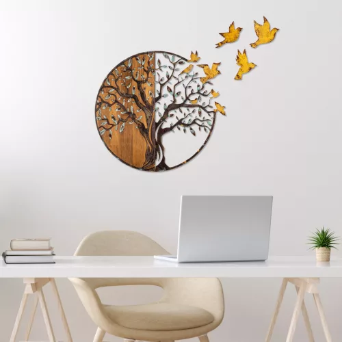 Accesoriu decorativ din lemn, auriu, copaci și păsări, 92 x 71 cm