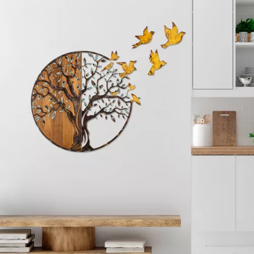 Accesoriu decorativ din lemn, auriu, copaci și păsări, 92 x 71 cm