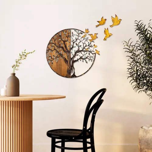 Accesoriu decorativ din lemn, auriu, copaci și păsări, 92 x 71 cm
