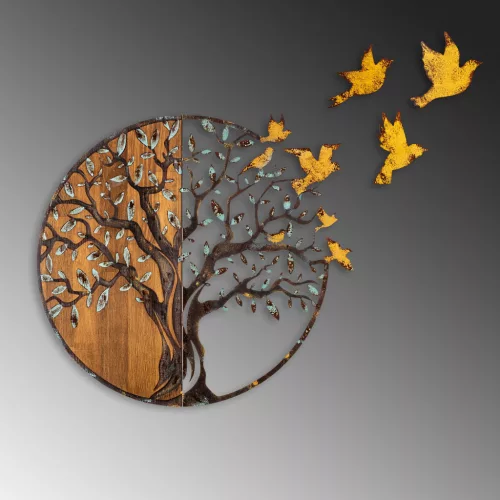 Accesoriu decorativ din lemn, auriu, copaci și păsări, 92 x 71 cm