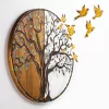 Accesoriu decorativ din lemn, auriu, copaci și păsări, 92 x 71 cm