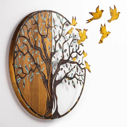 Accesoriu decorativ din lemn, auriu, copaci și păsări, 92 x 71 cm