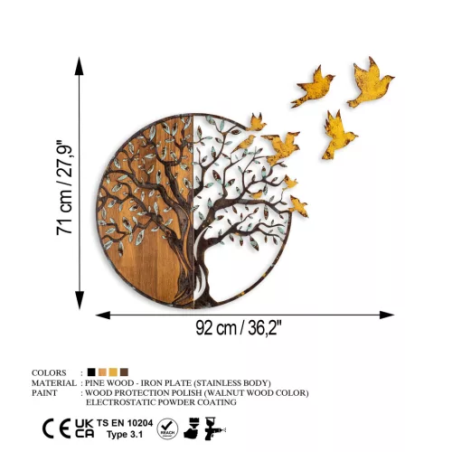 Accesoriu decorativ din lemn, auriu, copaci și păsări, 92 x 71 cm