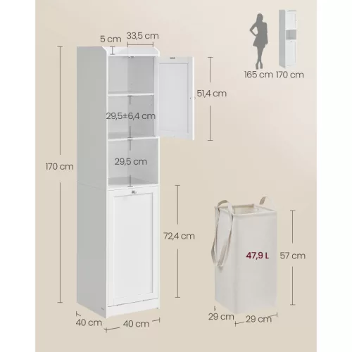 Dulap turn pentru baie, cu coș de rufe, alb nor 40x40x170cm