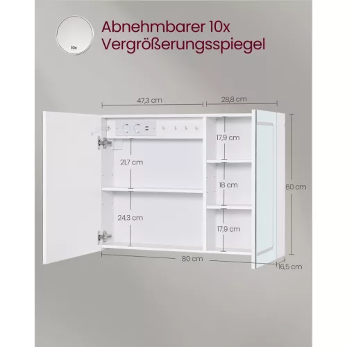 Dulap baie cu oglindă, iluminat, suspendat, alb, 80 x 16.5 x 60 cm