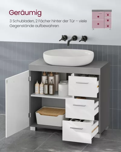 Dulap de baie sub chiuvetă, 3 sertare, 1 ușă, alb nor și ciment