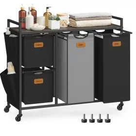 Coș de rufe, 4 compartimente, 2x25L, 2x50L gri, negru
