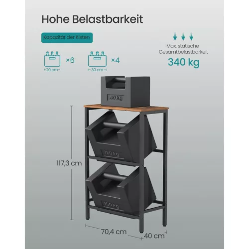 Raft de depozitare pentru sticle, 2 niveluri, 4 compartimente, 150 kg, maro rustic, 70.4