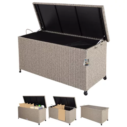 Ladă de depozit pentru grădină, cu roți, poliratan, crem, 117 x 53 x 60 cm