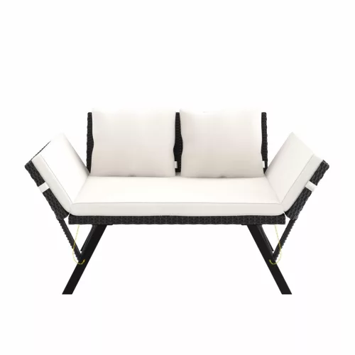 Bancă de grădină, din polyrattan, negru și crem, 176 x 56 x 81 cm