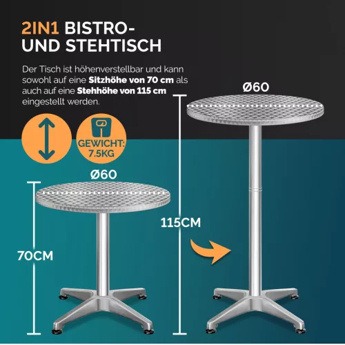 Masă de grădină ajustabilă, din aluminiu, argintie, 60 cm