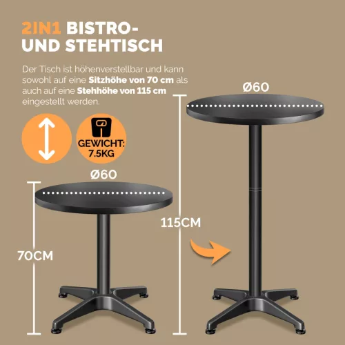 Masă de lucru ajustabilă, din aluminiu, neagră, 60 cm, 70/115 cm