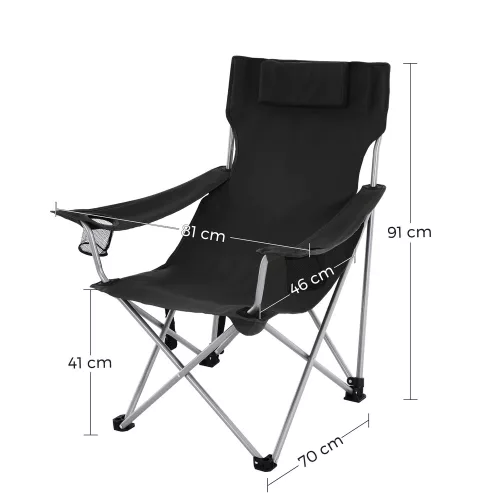 Scaun de camping, pliabil, cu cotiere, tetieră, negru, 81 x 70 x 91 cm