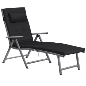   Șezlong pliabil, cu saltea de 6 cm, tetieră detașabilă, negru