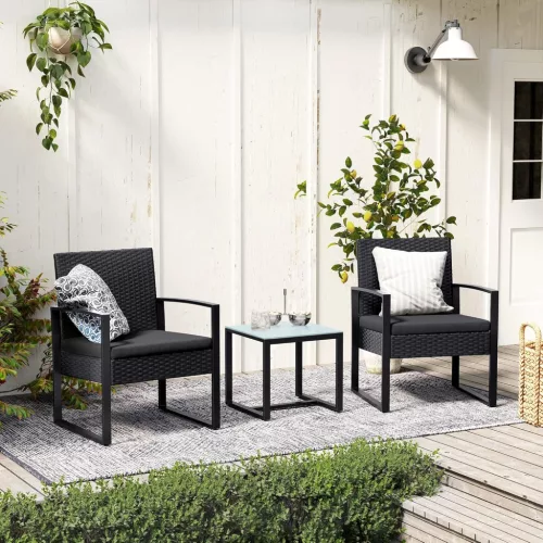 Set mobilier de grădină, poliratan, 2 scaune și 1 masă, negru, 59 x 57 x 76 cm