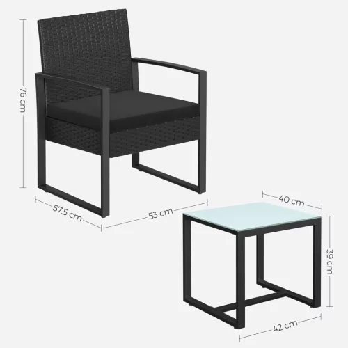 Set mobilier de grădină, poliratan, 2 scaune și 1 masă, negru, 59 x 57 x 76 cm