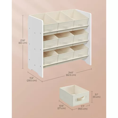 Raft de depozitare jucării pentru camera copiilor, cu 9 sertare din material textil, alb nor 30x63x60cm
