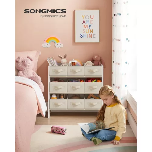 Raft de depozitare jucării pentru camera copiilor, cu 9 sertare din material textil, alb nor 30x63x60cm