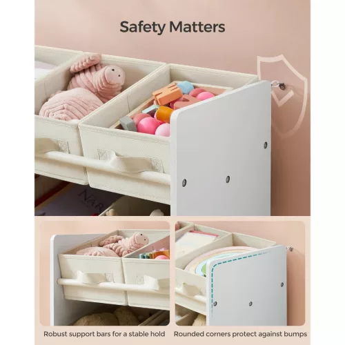 Raft de depozitare jucării pentru camera copiilor, cu 9 sertare din material textil, alb nor 30x63x60cm