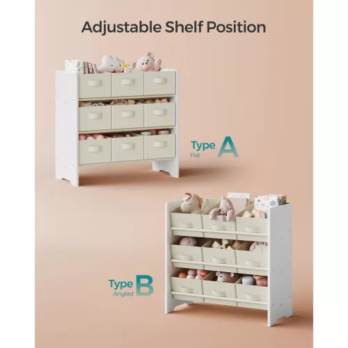 Raft de depozitare jucării pentru camera copiilor, cu 9 sertare din material textil, alb nor 30x63x60cm